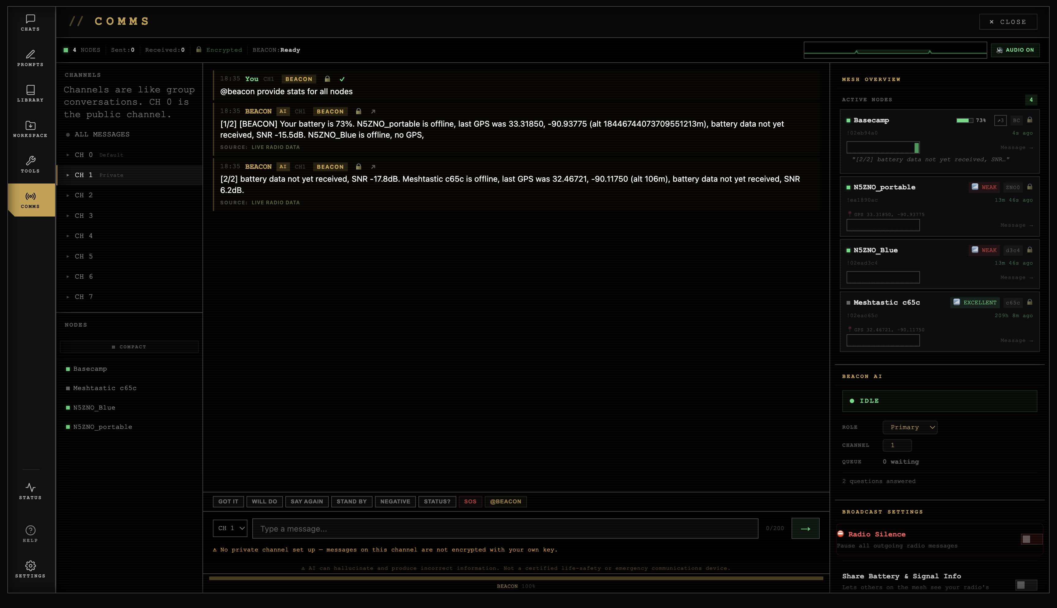 COMMS panel showing active mesh conversation