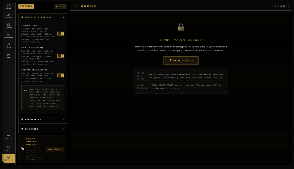 Security & Privacy Settings showing Network Lock and encryption options.