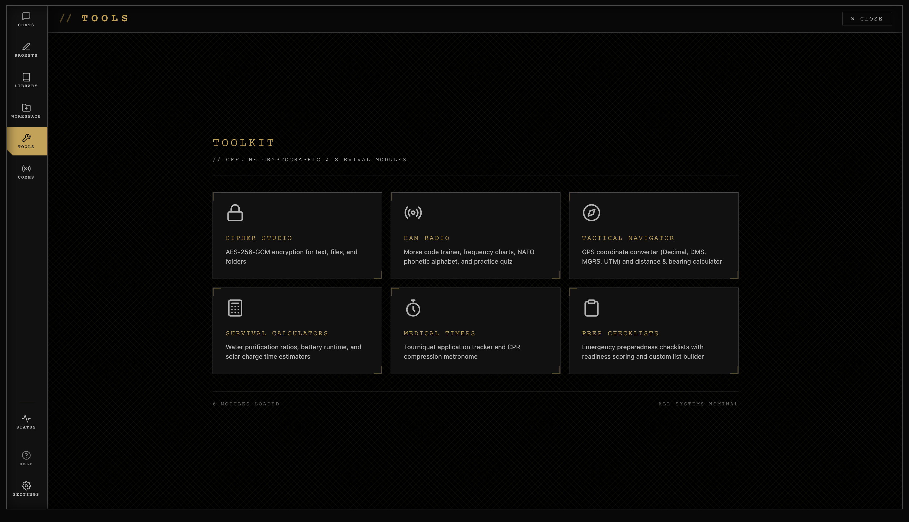 Tools panel showing 6 offline utility modules