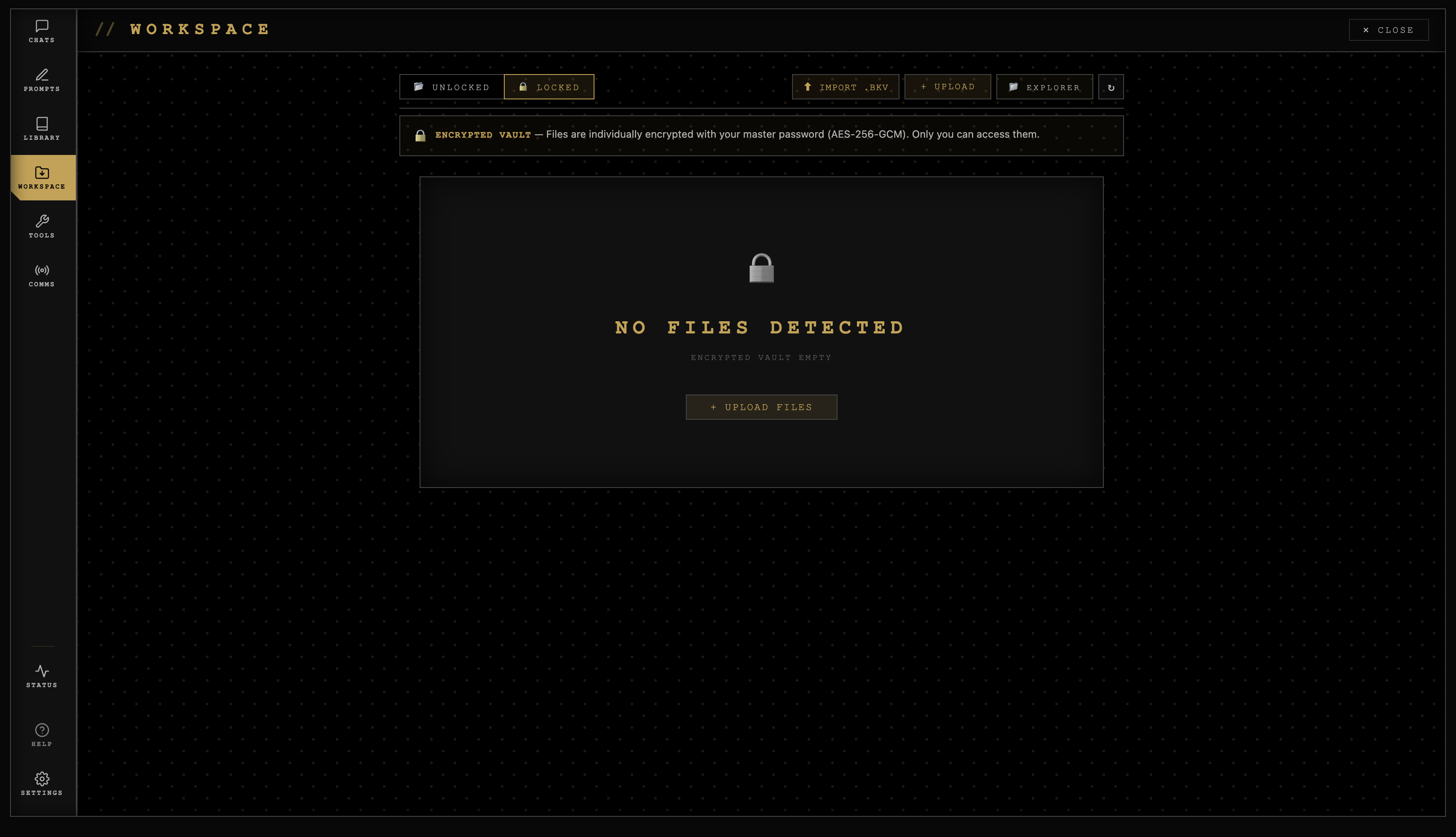 Workspace panel with encrypted file vault